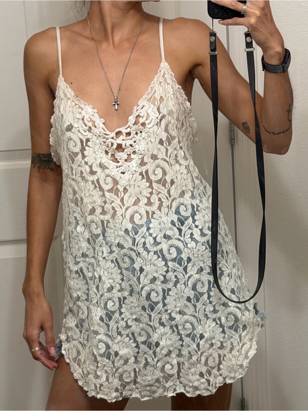 Cinema Etoile Ivory Lace Sheer Slip Dress Cover Up Coquette Fairycore Y2K